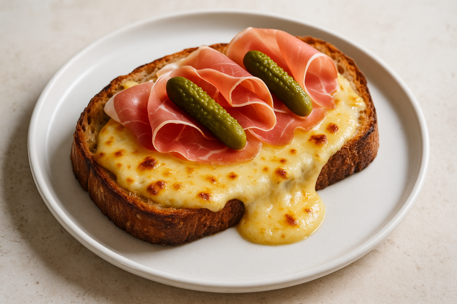 Toasts au fromage à raclette, jambon cru et cornichons