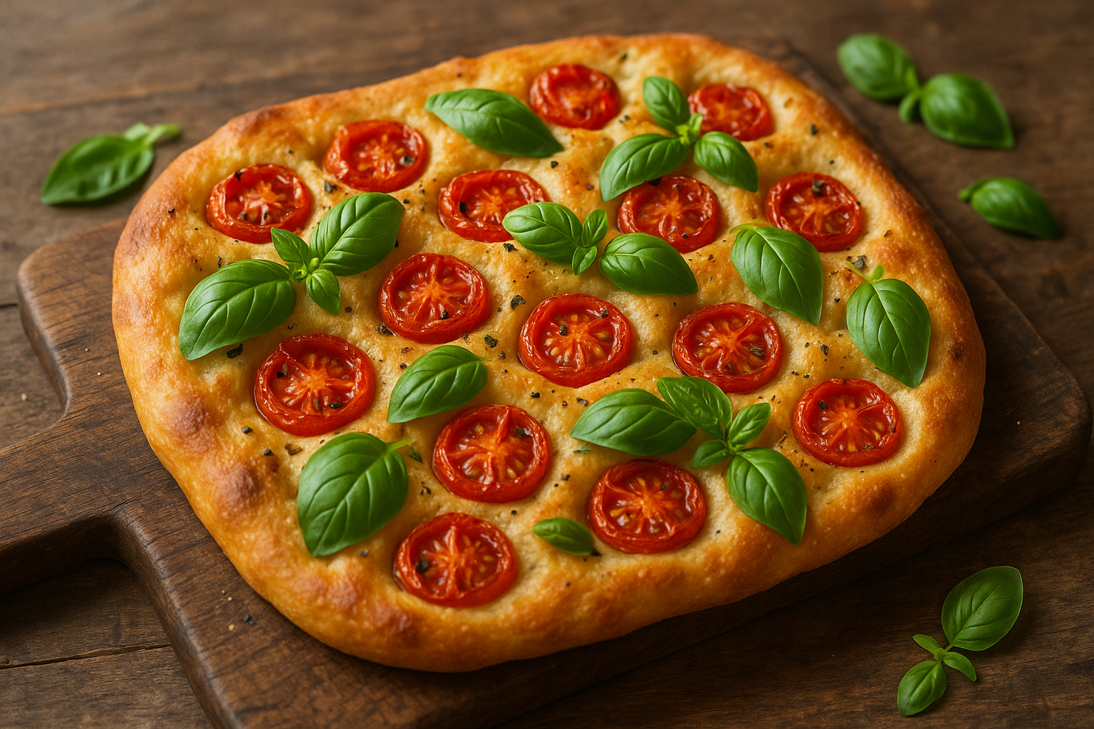 Focaccia aux tomates cerises et basilic