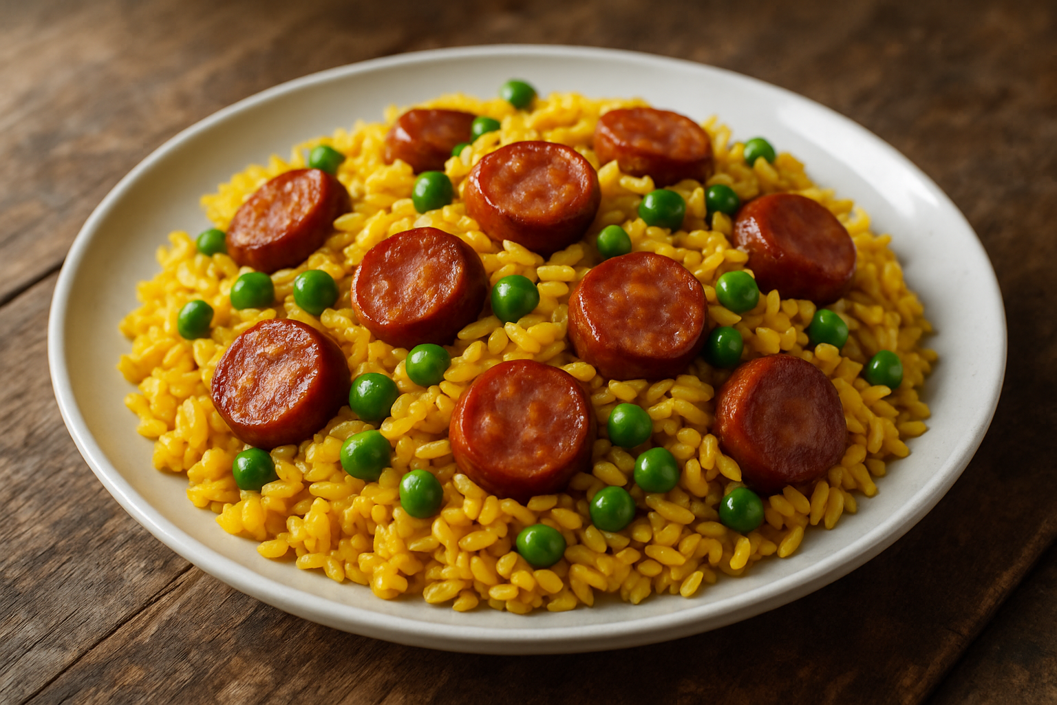 Riz jaune aux saucisses et petits pois