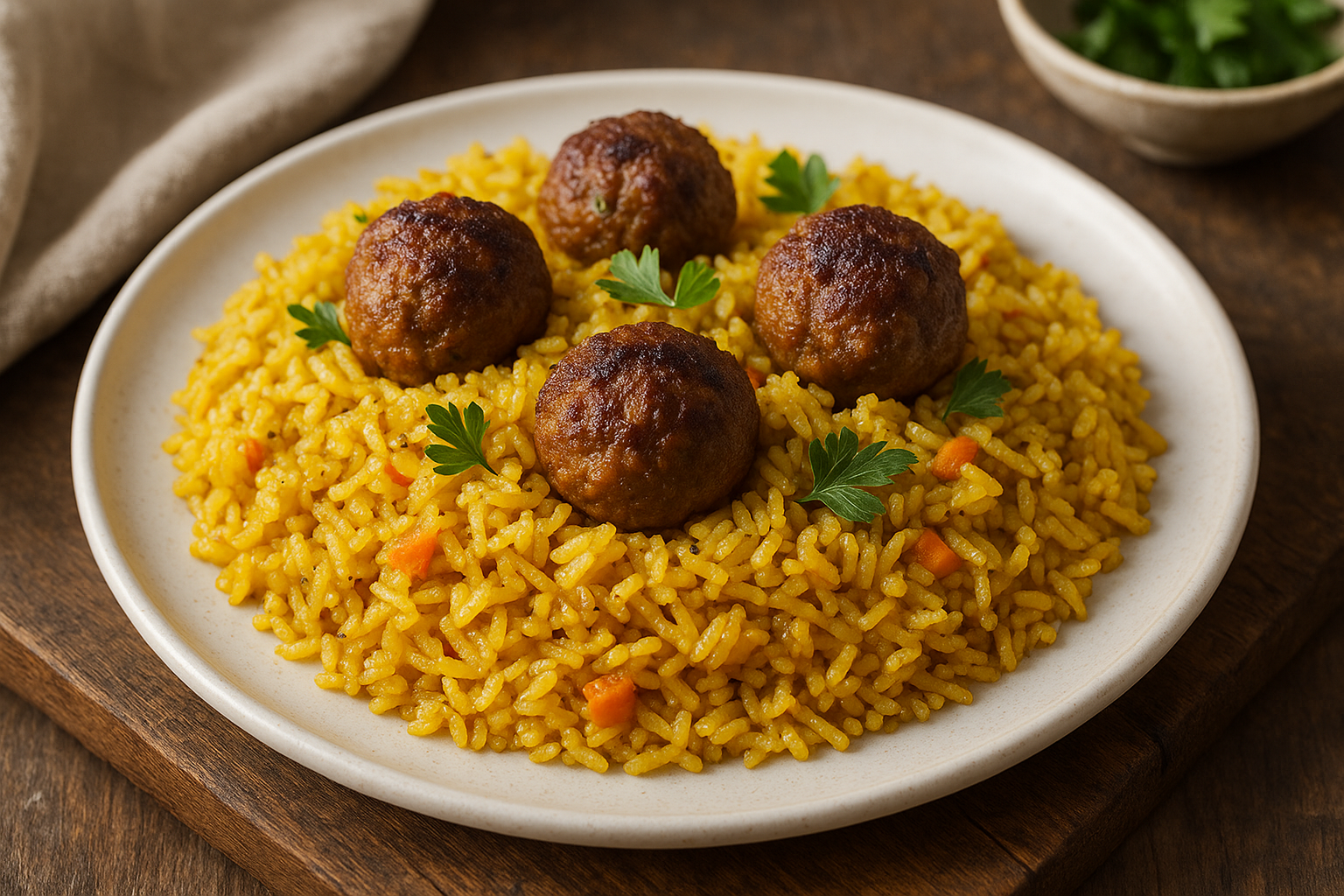 Riz jaune pilaf aux épices et boulettes de viande