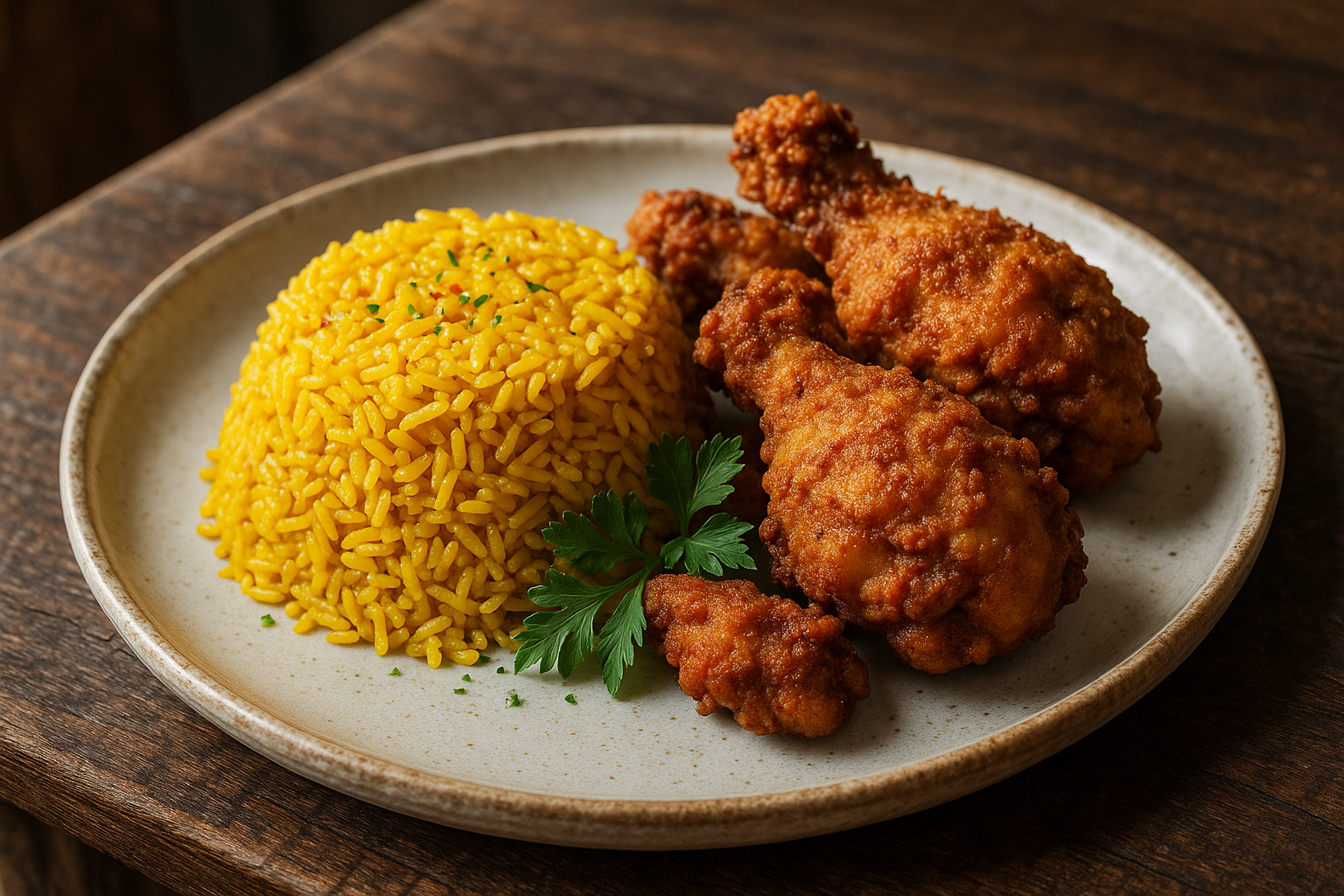 Riz jaune et poulet frit