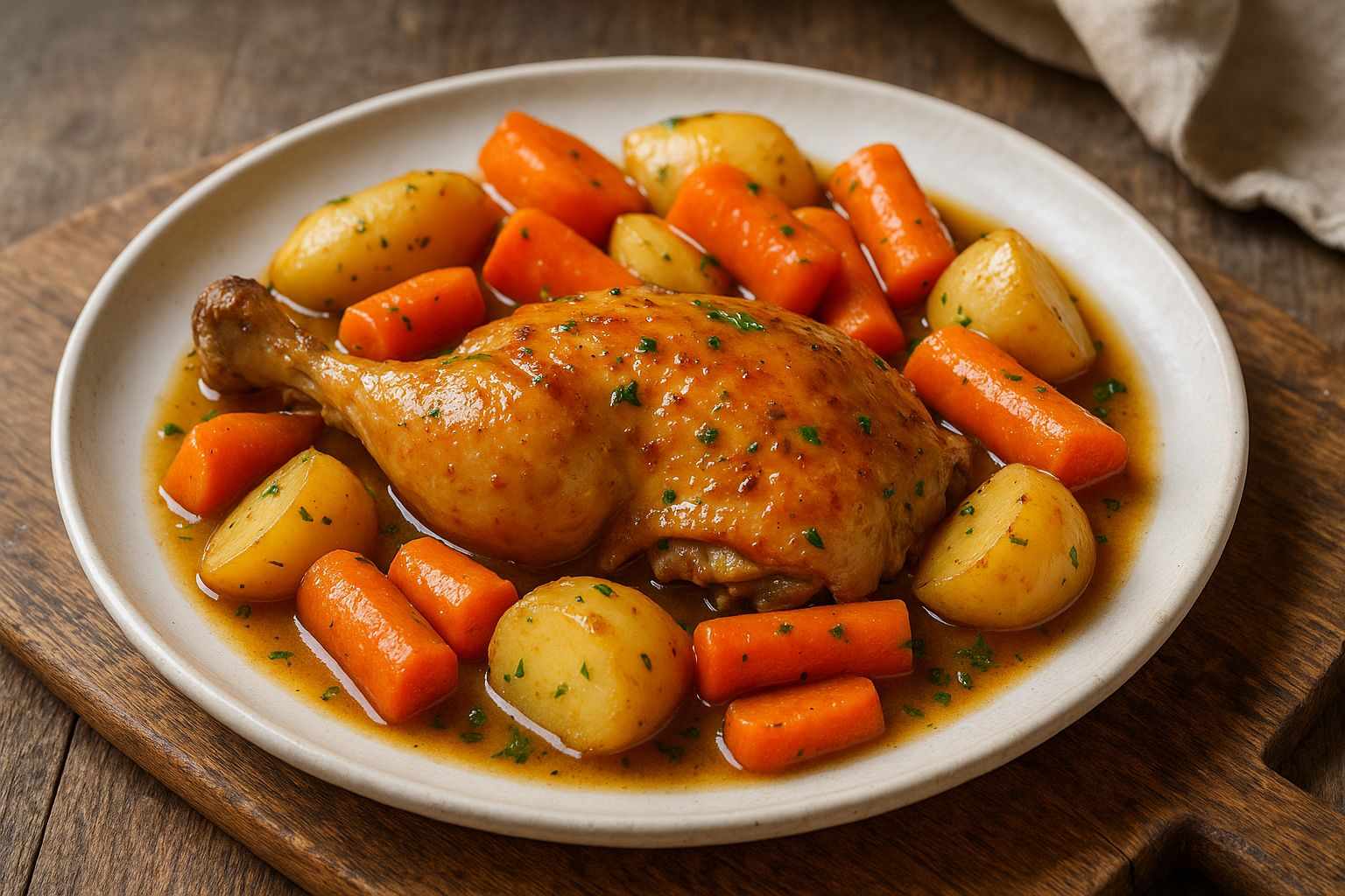 Poulet à la française, pommes de terre et carottes