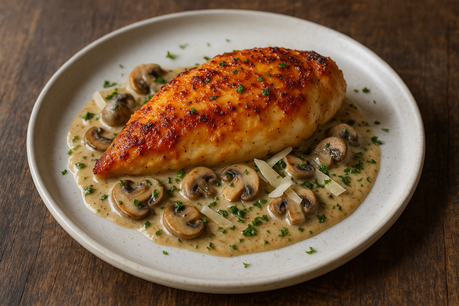 Poulet doré et croustillant, sauce aux champignons et parmesan