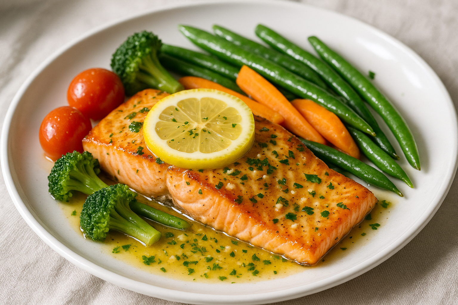 Saumon au beurre citronné et à l’ail avec légumes de saison