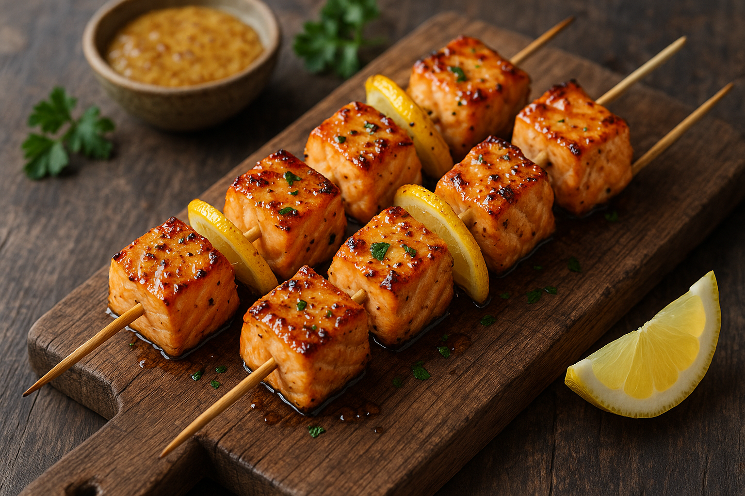 Brochettes de saumon au miel et à la moutarde (pour 4 personnes)
