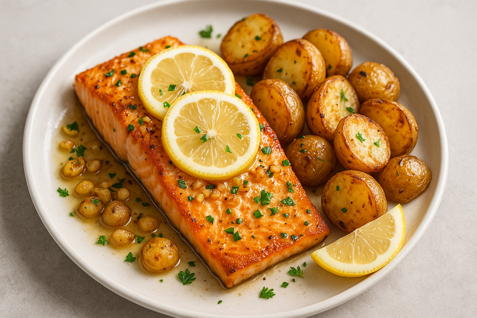 Saumon à l’ail et citron avec pommes de terre rôties