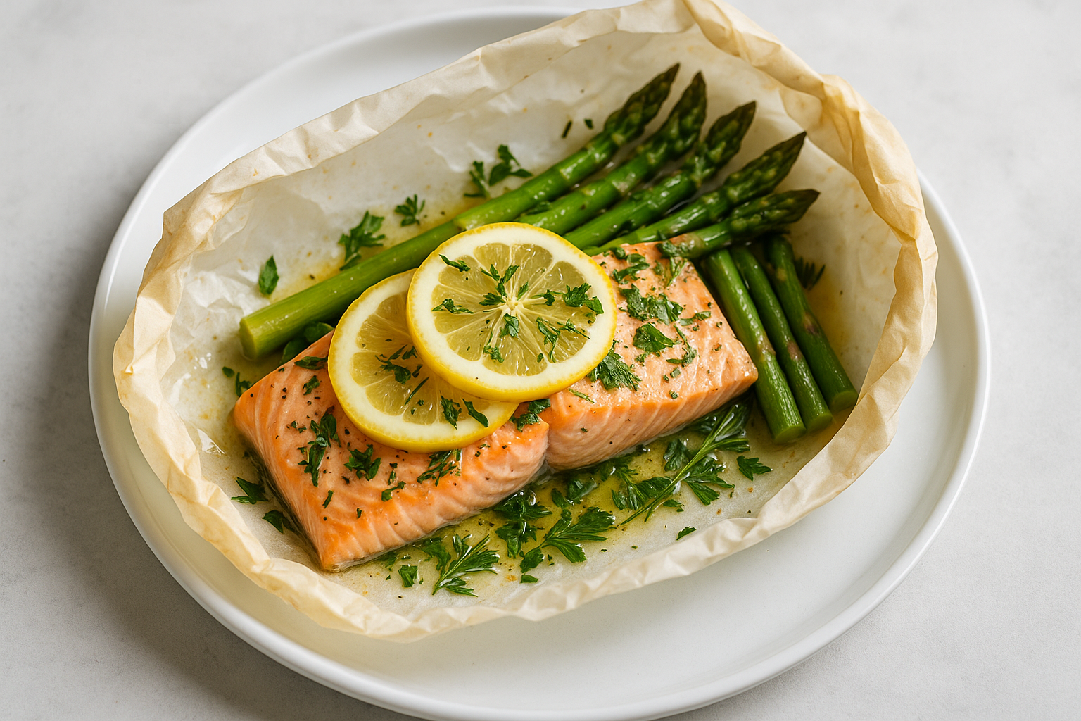 Saumon en papillote au citron, herbes et asperges