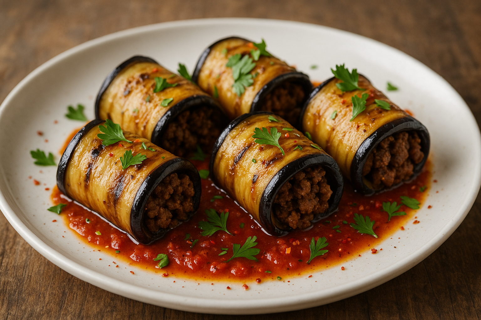 Rouleaux d’aubergines au bœuf épicé (4 personnes)