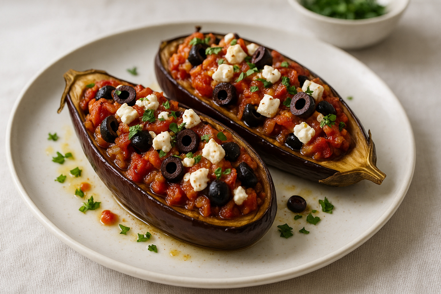 Aubergines farcies à la grecque (feta, tomates, olives)
