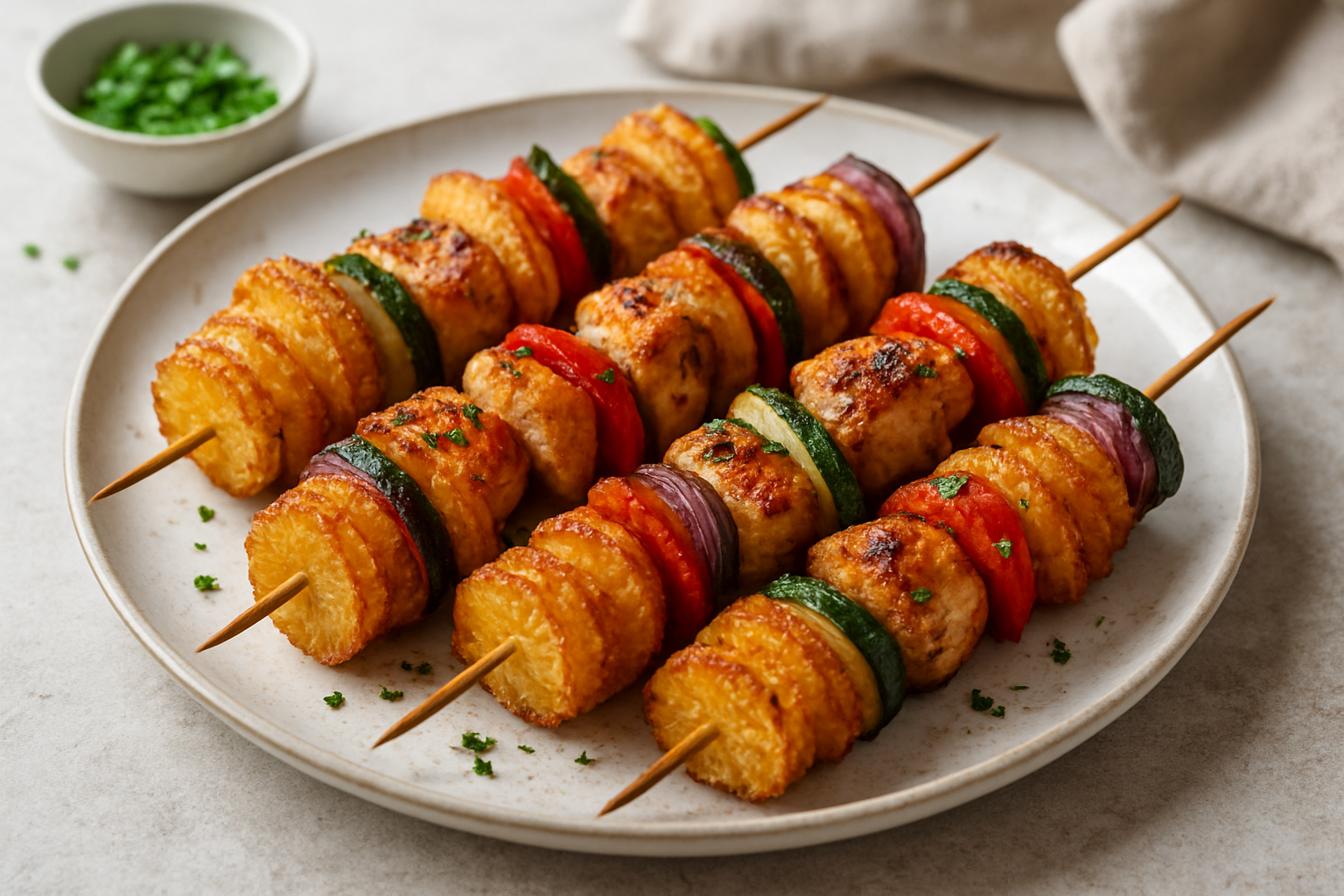 Brochettes croustillantes de pommes de terre, poulet grillé et légumes