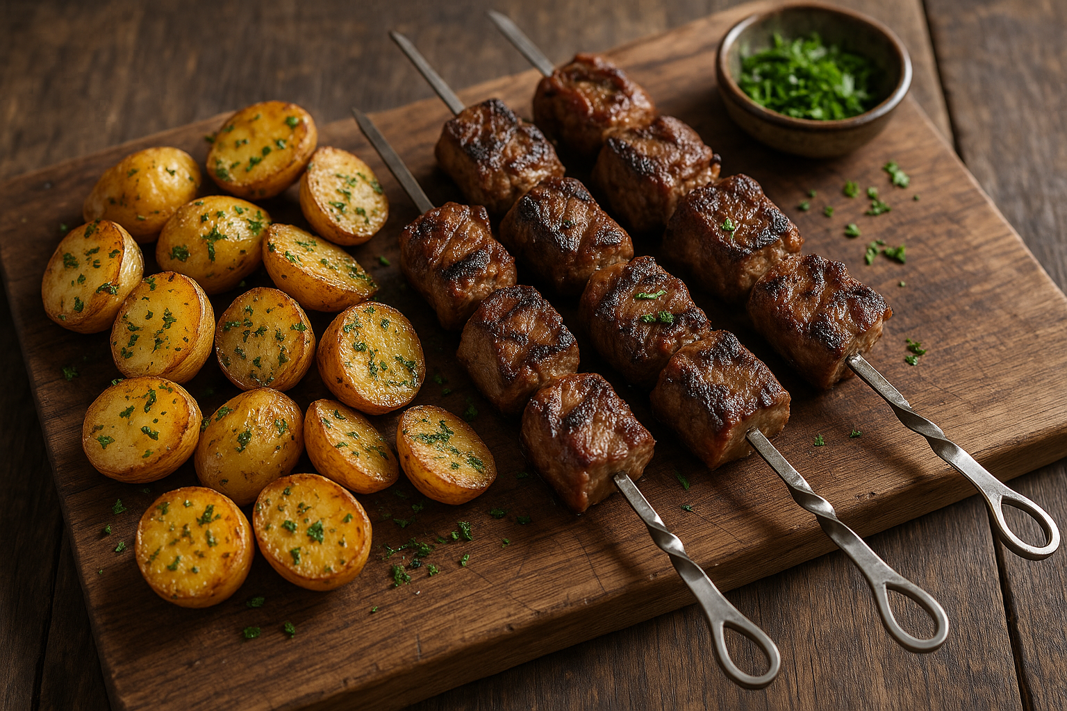 Brochettes d’agneau grillées & pommes de terre aux herbes