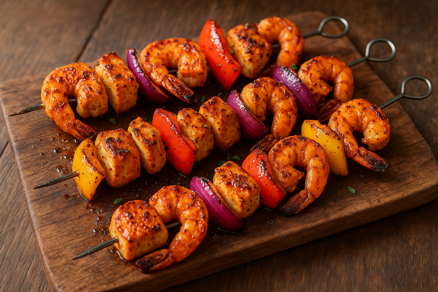 Brochettes de poulet et de crevettes épicées, avec poivrons et oignons