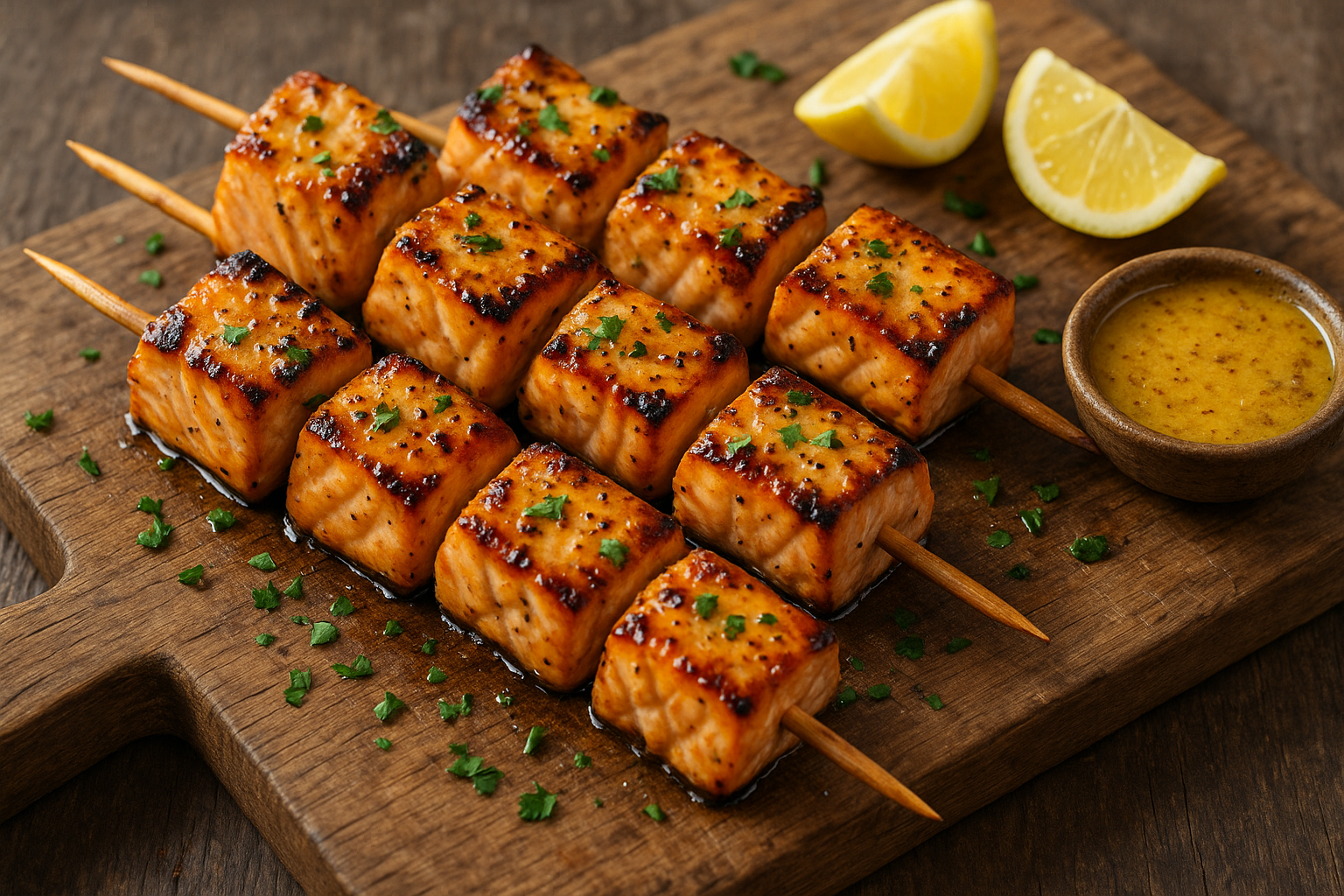 Brochettes de saumon au miel et à la moutarde