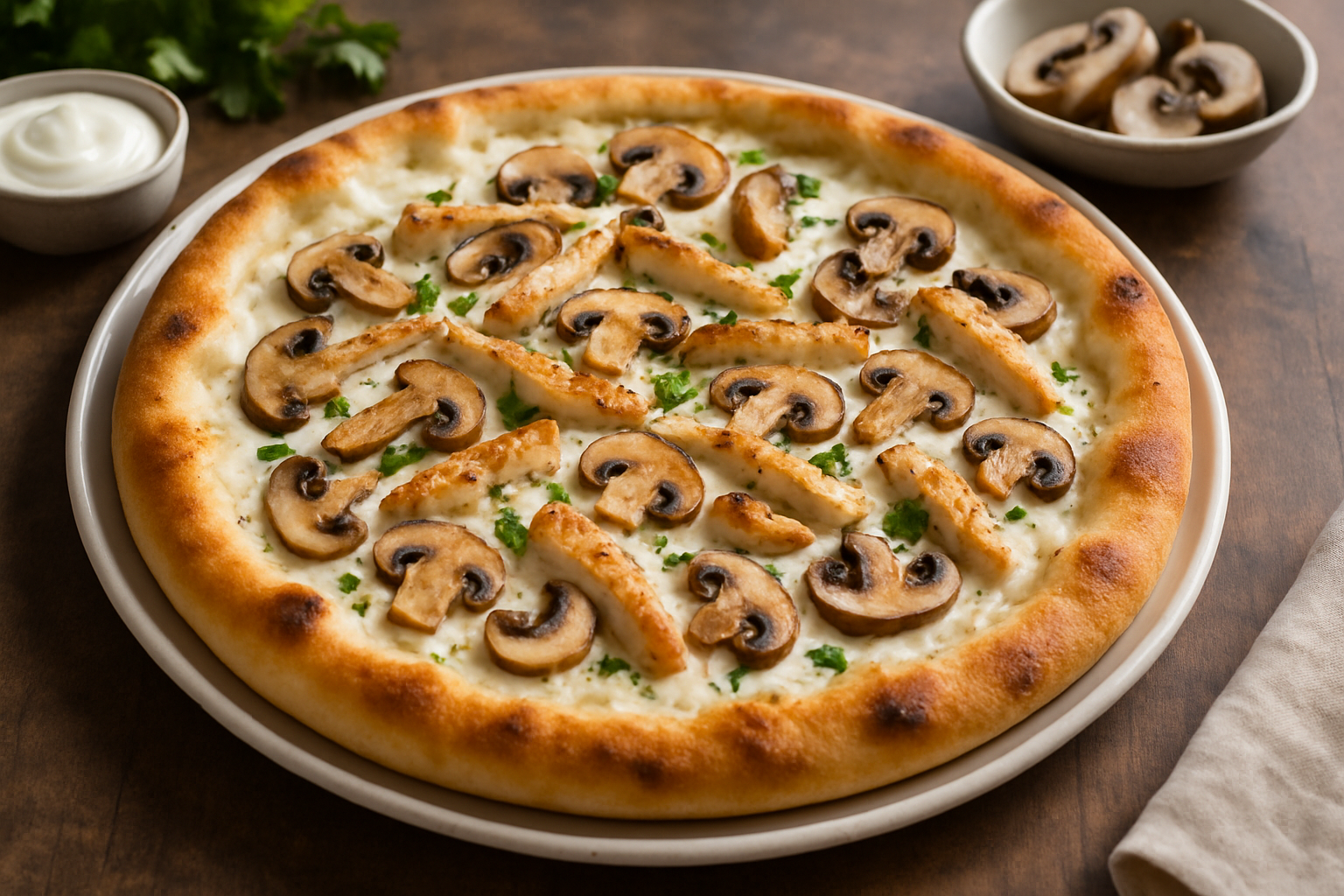 Pizza blanche au poulet, champignons et crème fraîche