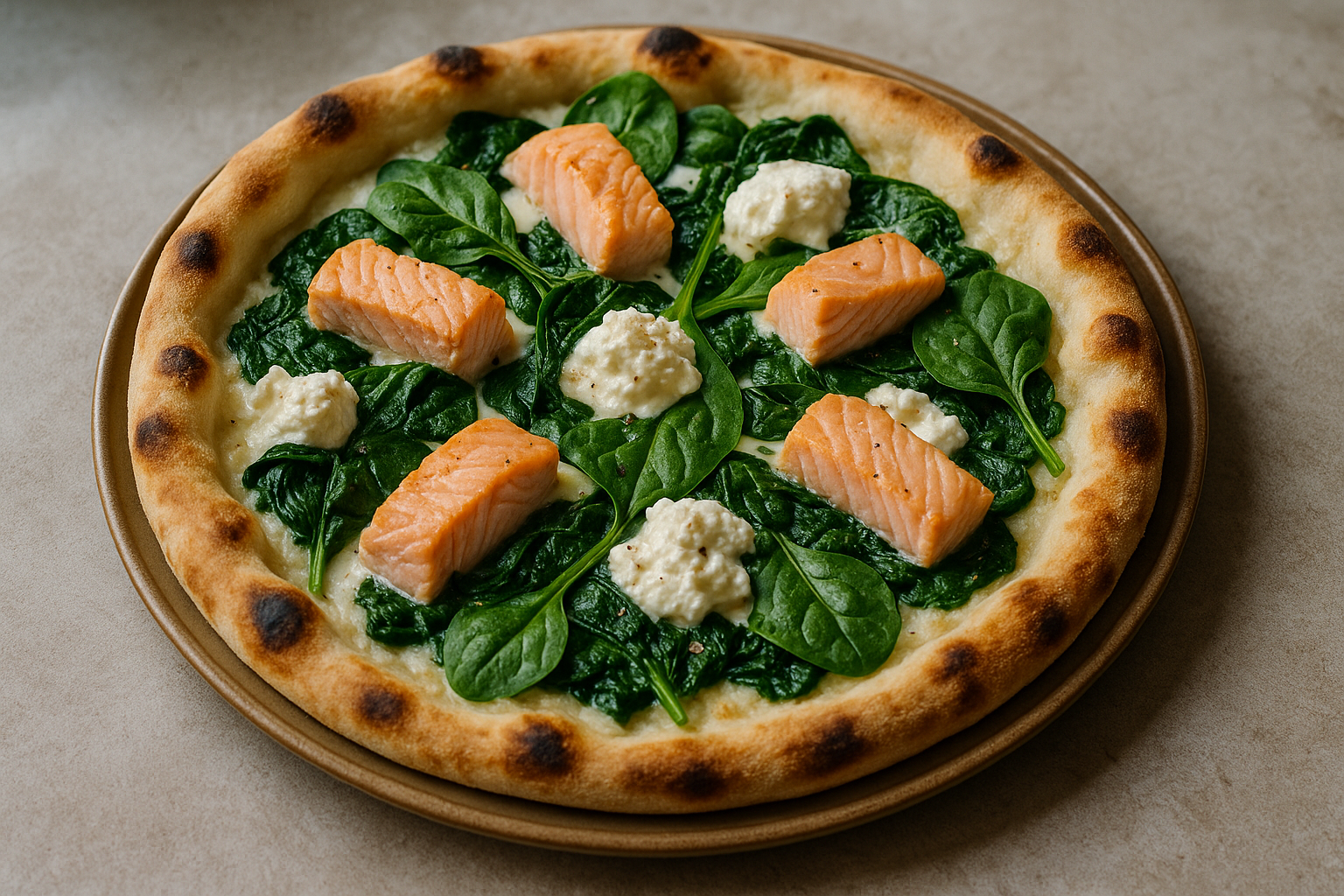 Pizza au saumon, épinards et ricotta
