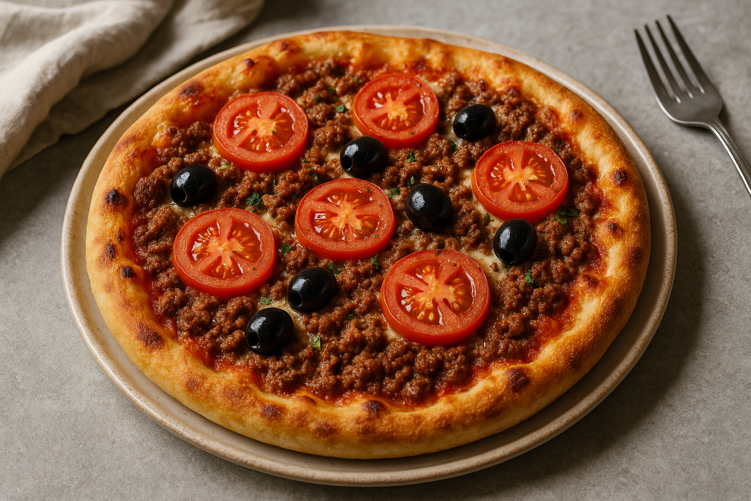 Pizza à la viande hachée, tomates et olives
