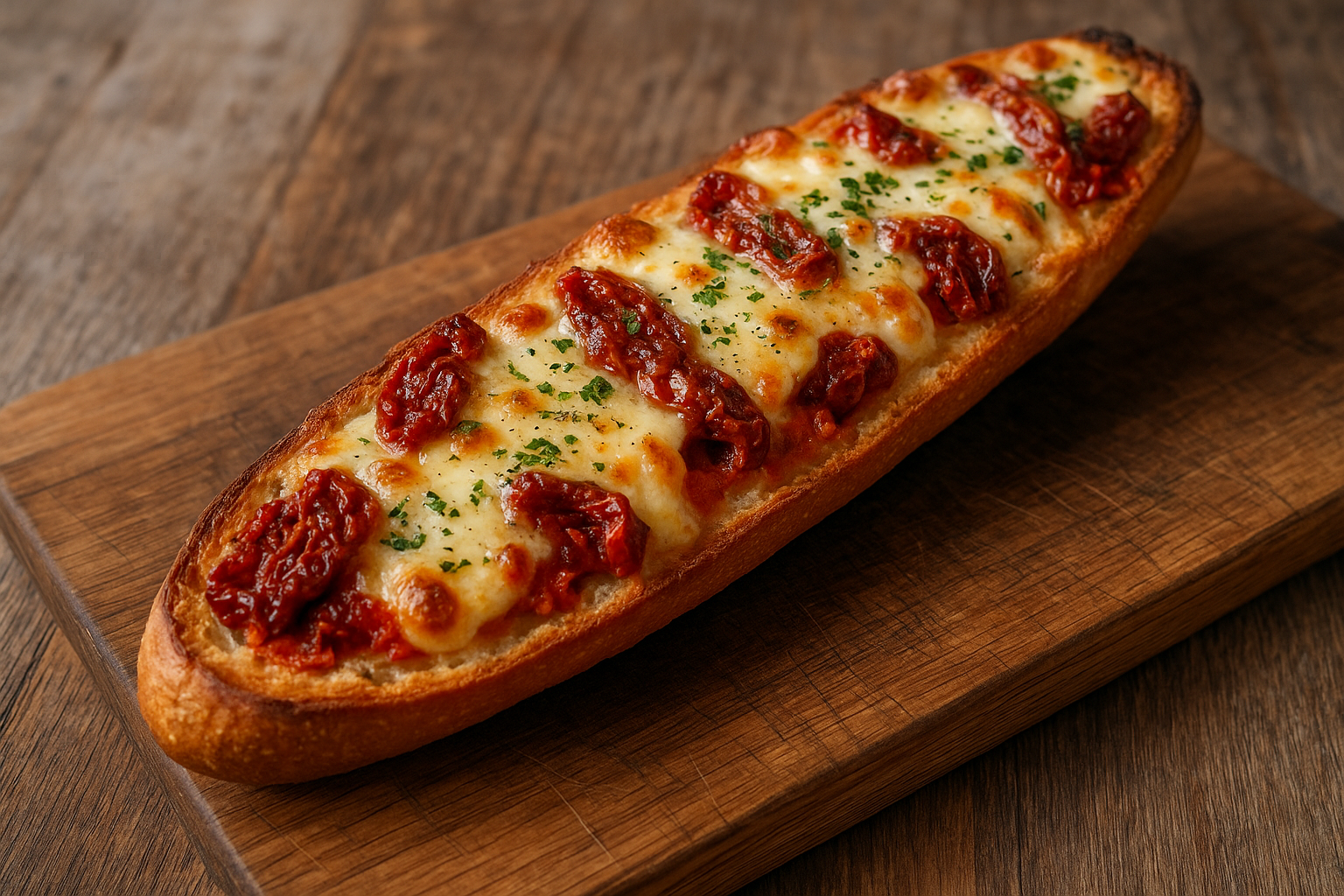 Baguette gratinée aux tomates séchées et mozzarella