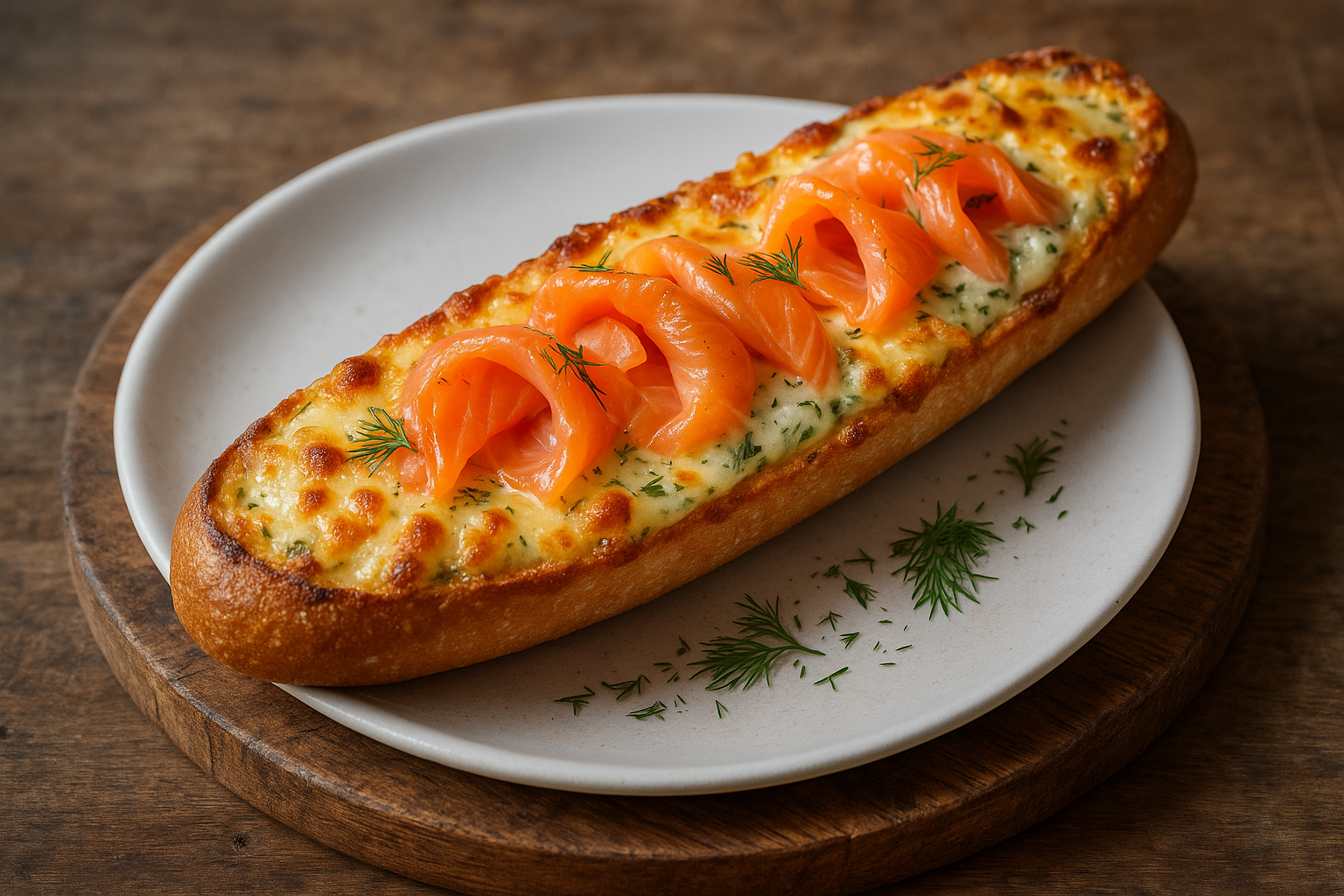 Baguette gratinée au saumon fumé et à la crème d’aneth