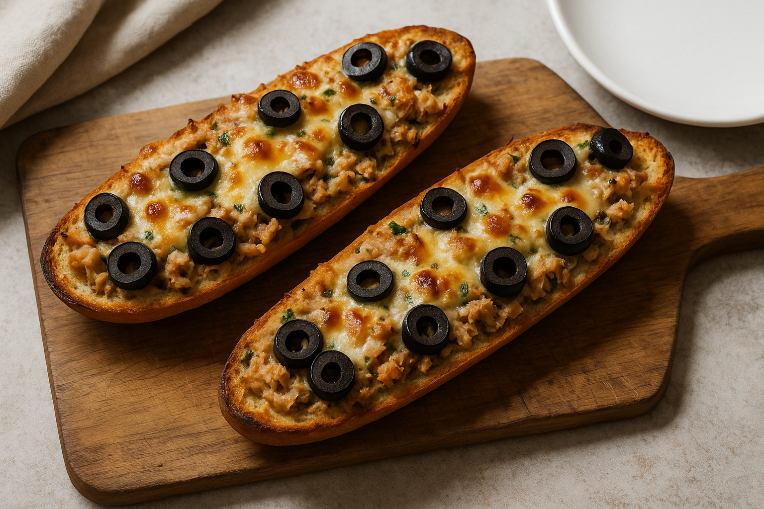 Baguette gratinée au thon et aux olives