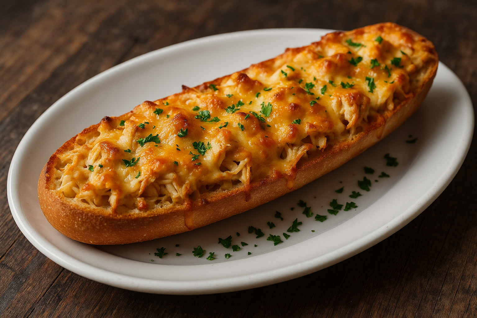 Baguette gratinée au poulet et au cheddar