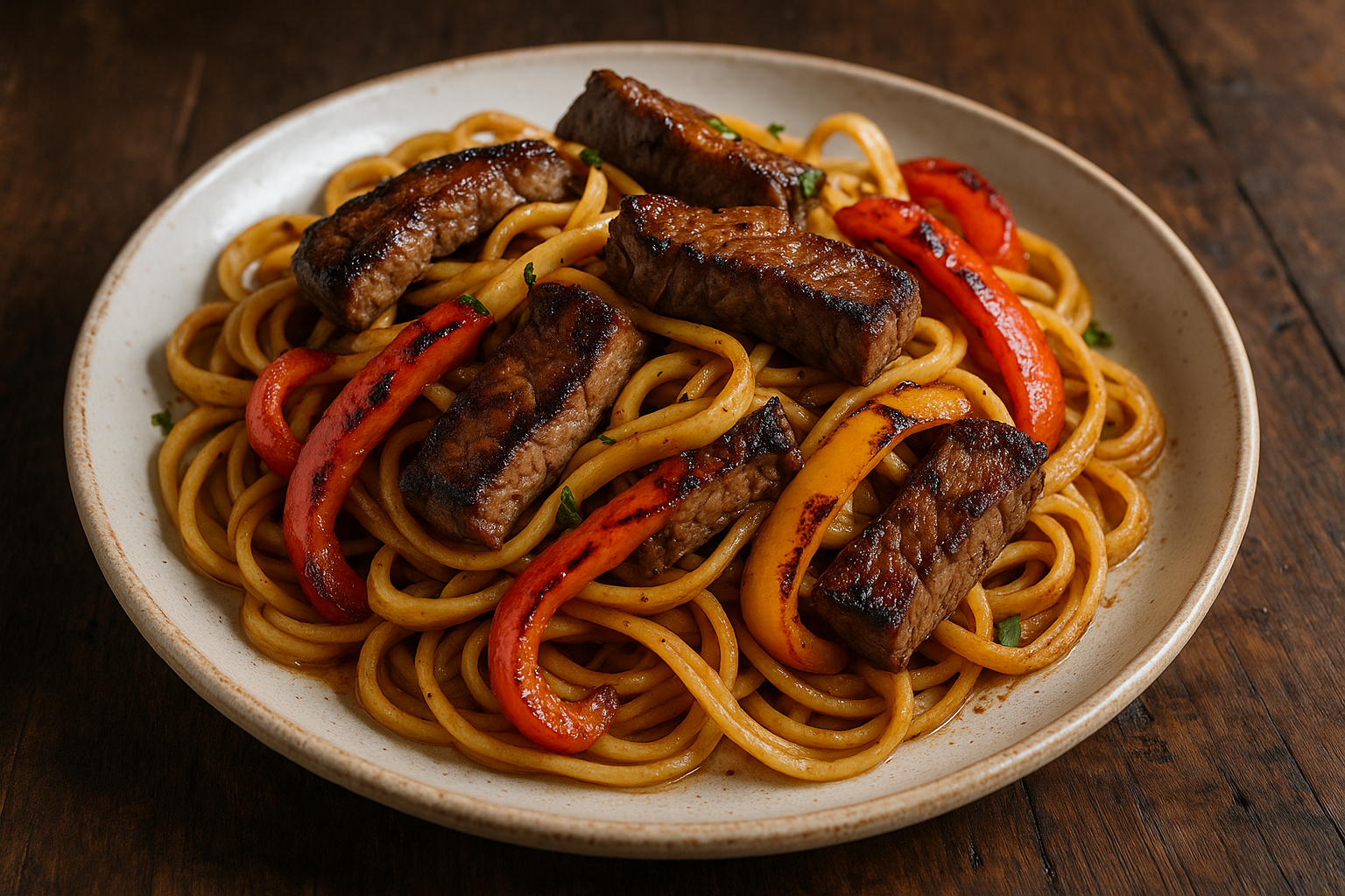 Pâtes au steak et au poivron grésillantes