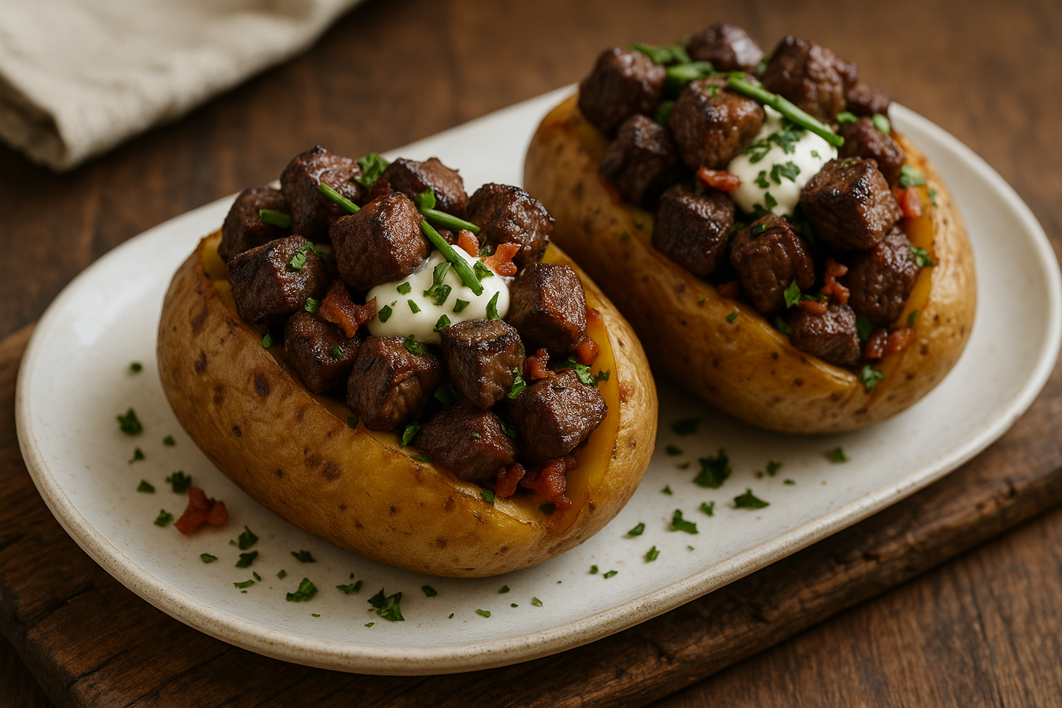 Pommes de Terre au Four Garnies de Bouchées de Steak
