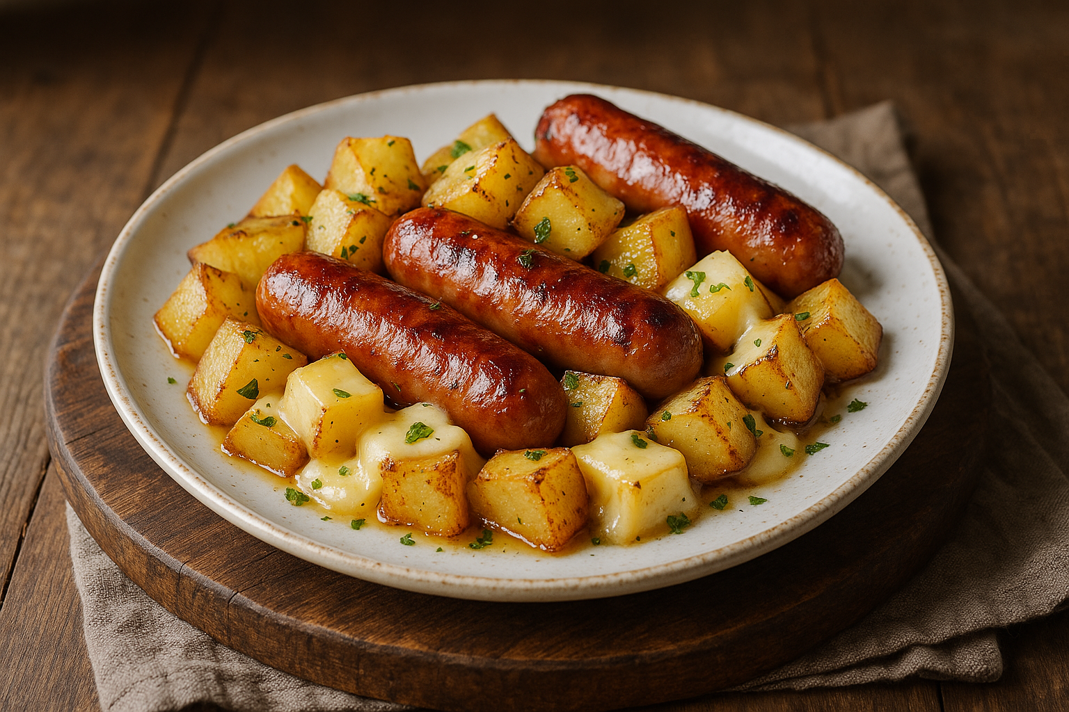 Saucisses, pommes de terre et fromage à la poêle