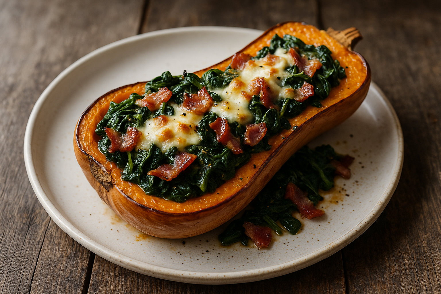 Courge butternut rôtie farcie aux épinards, bacon et fromage