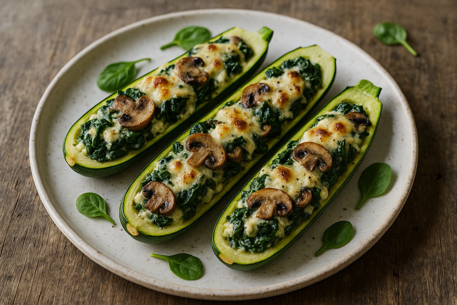 Bateaux de courgettes farcis aux épinards, champignons et ricotta