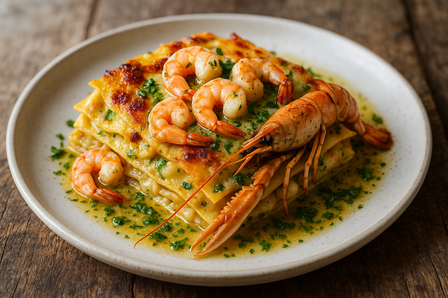 Lasagnes aux crevettes et langoustines au beurre à l’ail