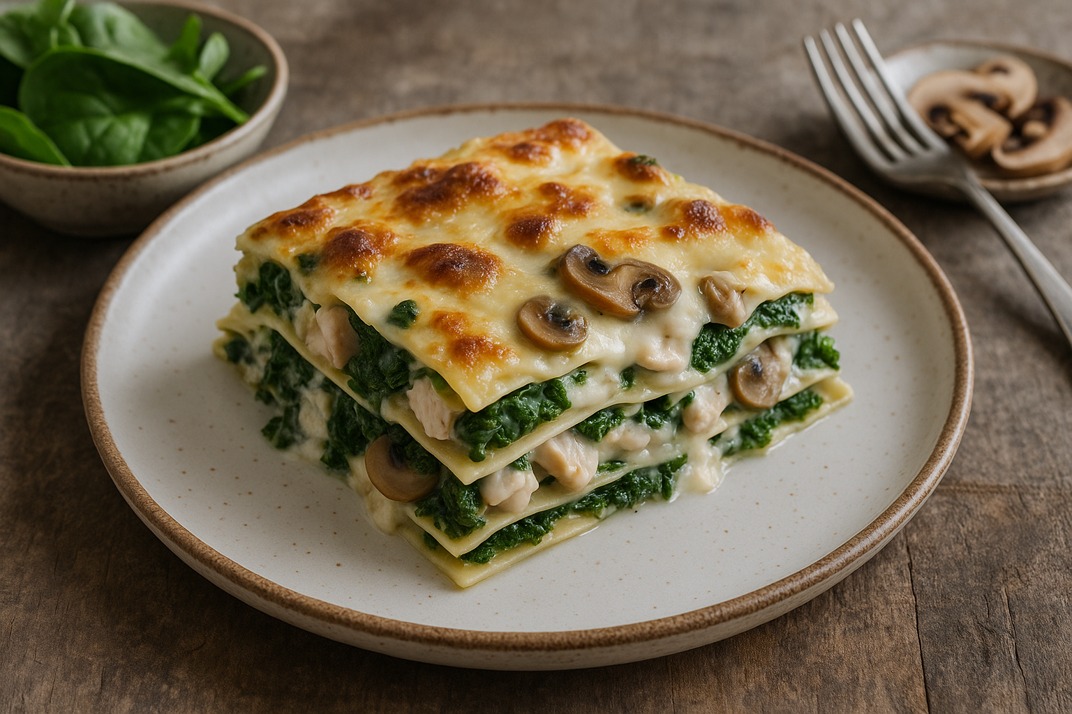 Lasagnes blanches aux épinards, poulet et champignons