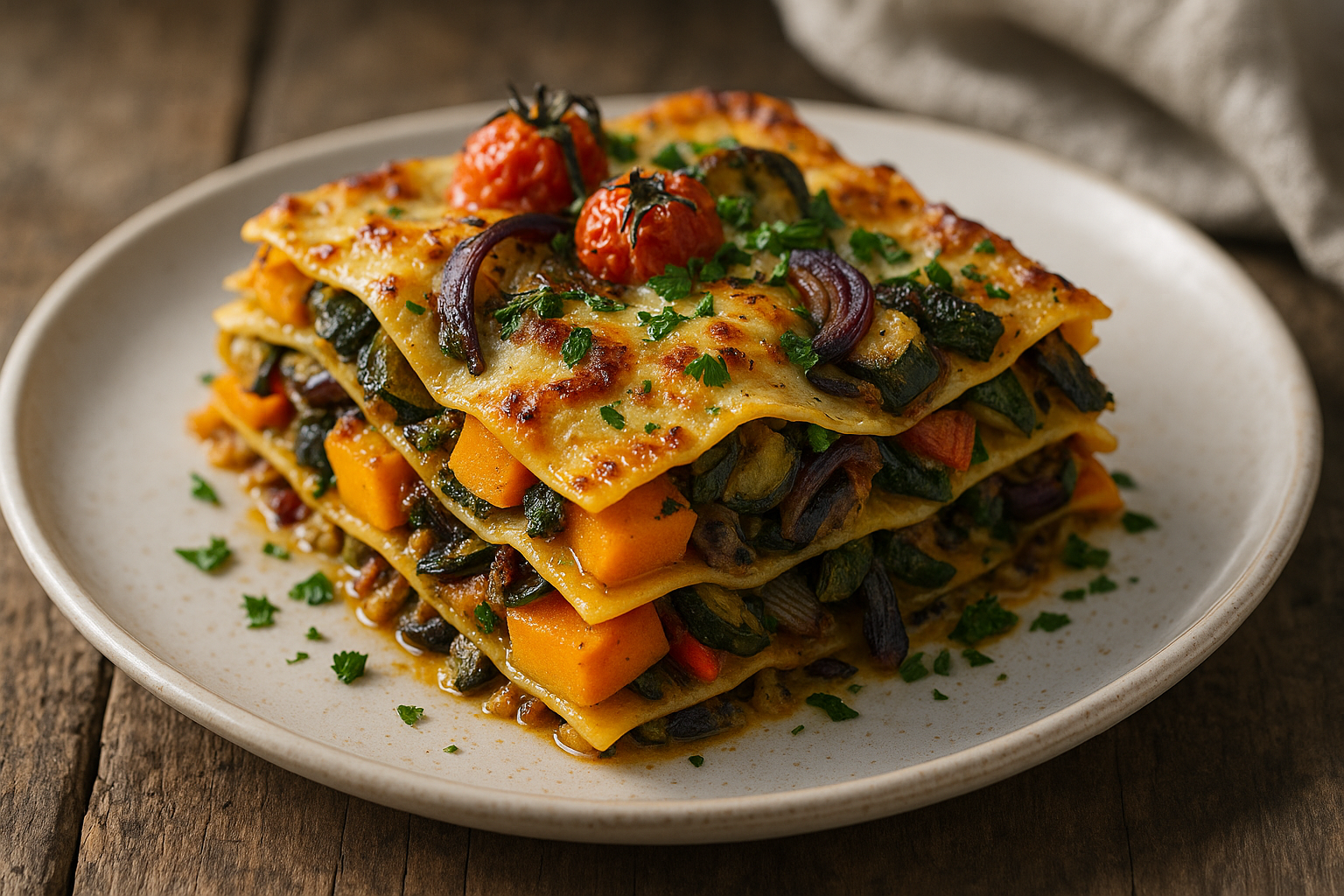 Lasagnes aux courges butternut et légumes rôtis