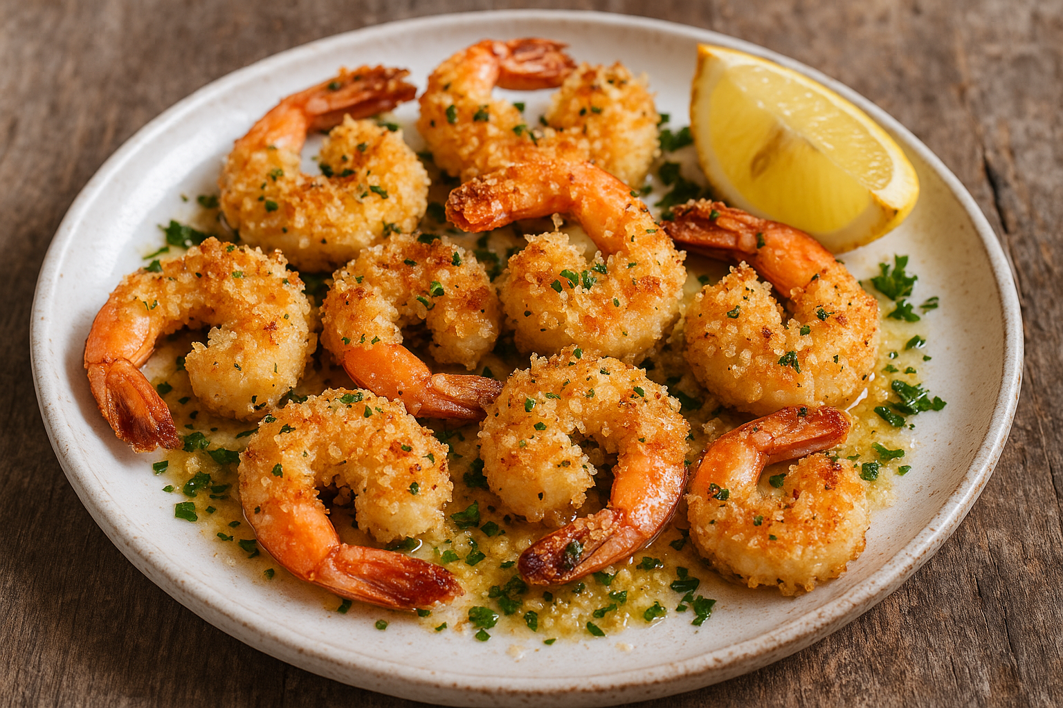 Crevettes croustillantes au beurre à l’ail, chapelure panko et parmesan