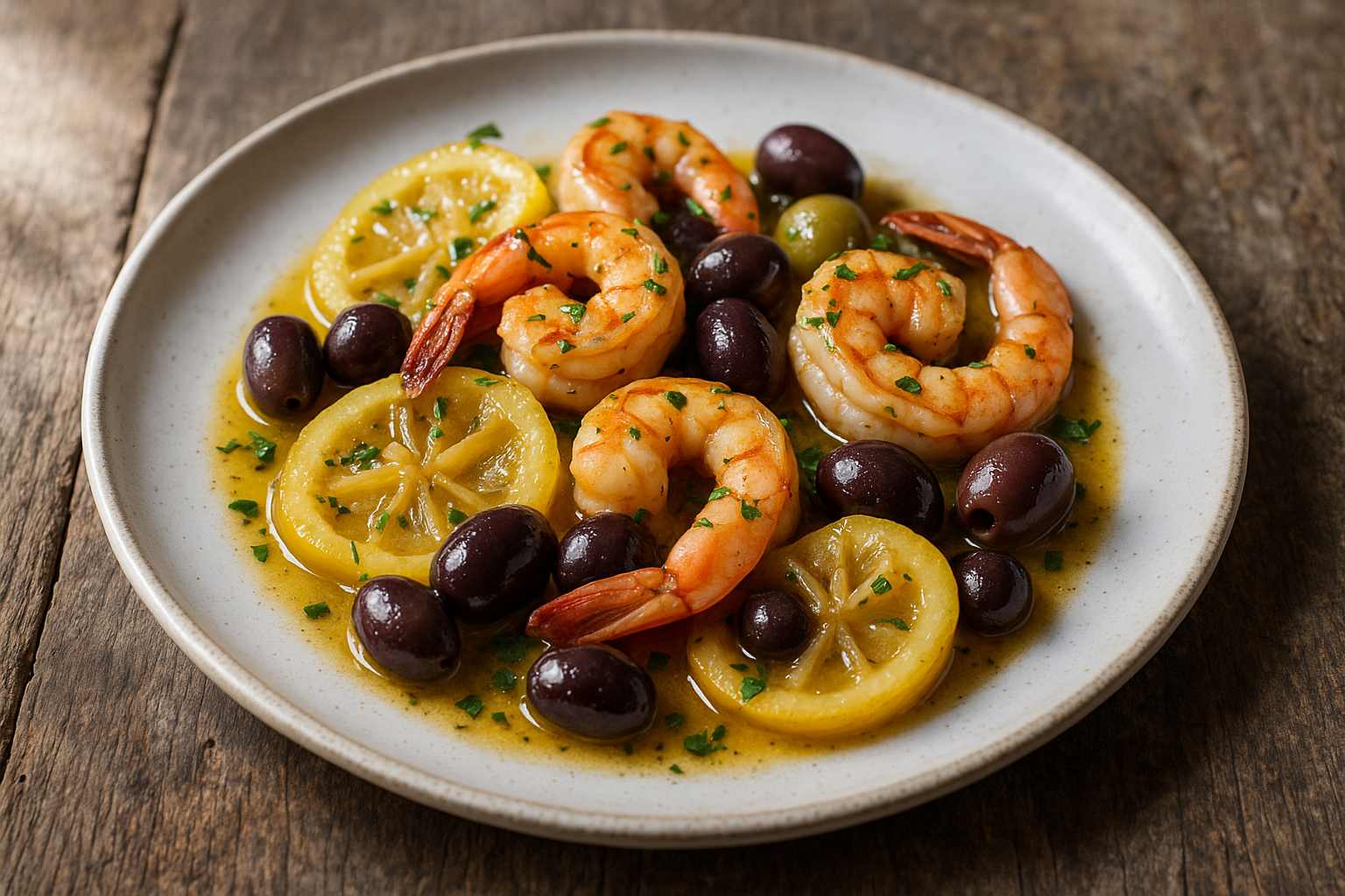 Crevettes au citron confit et aux olives