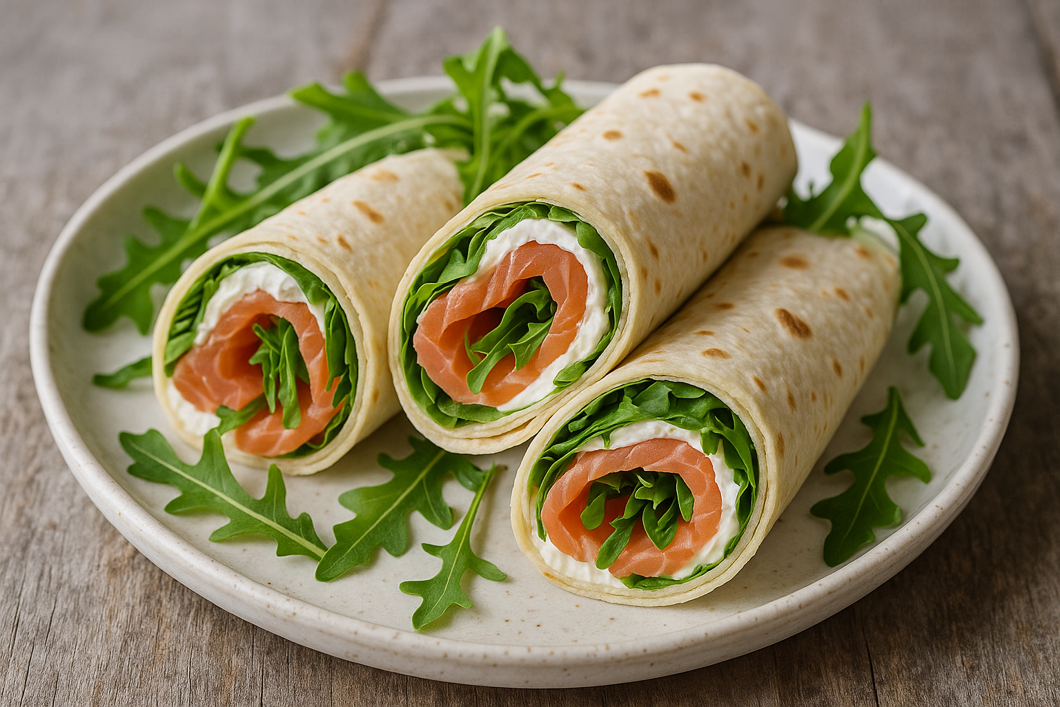 Wraps au fromage frais, saumon et roquette