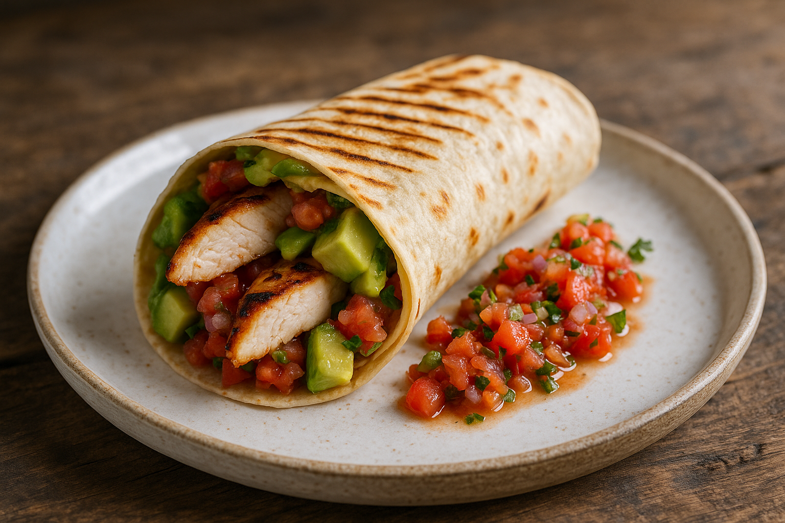 Wrap au poulet grillé, avocat et salsa