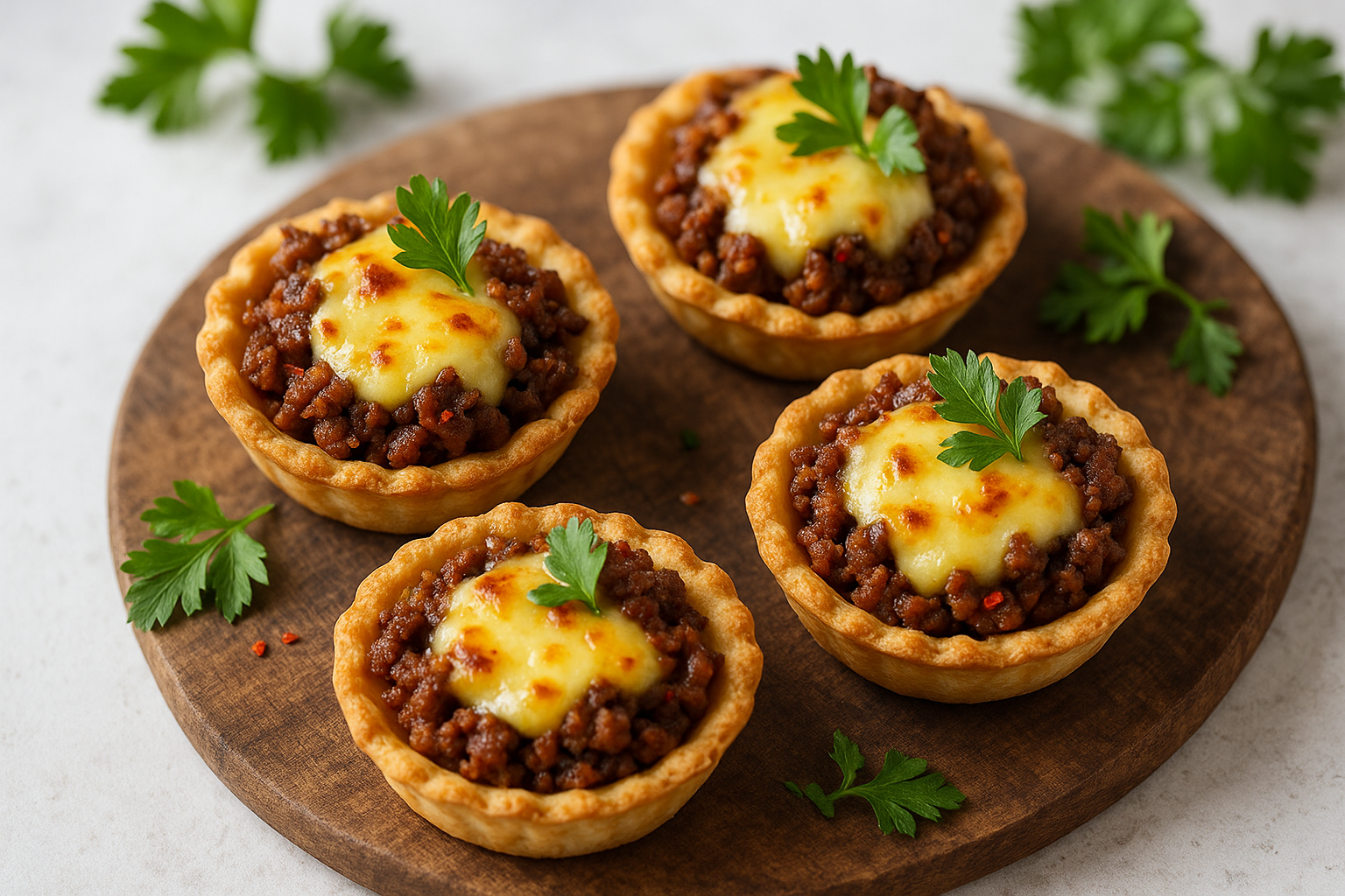 Mini tartelettes bœuf haché épicé & fromage fondant
