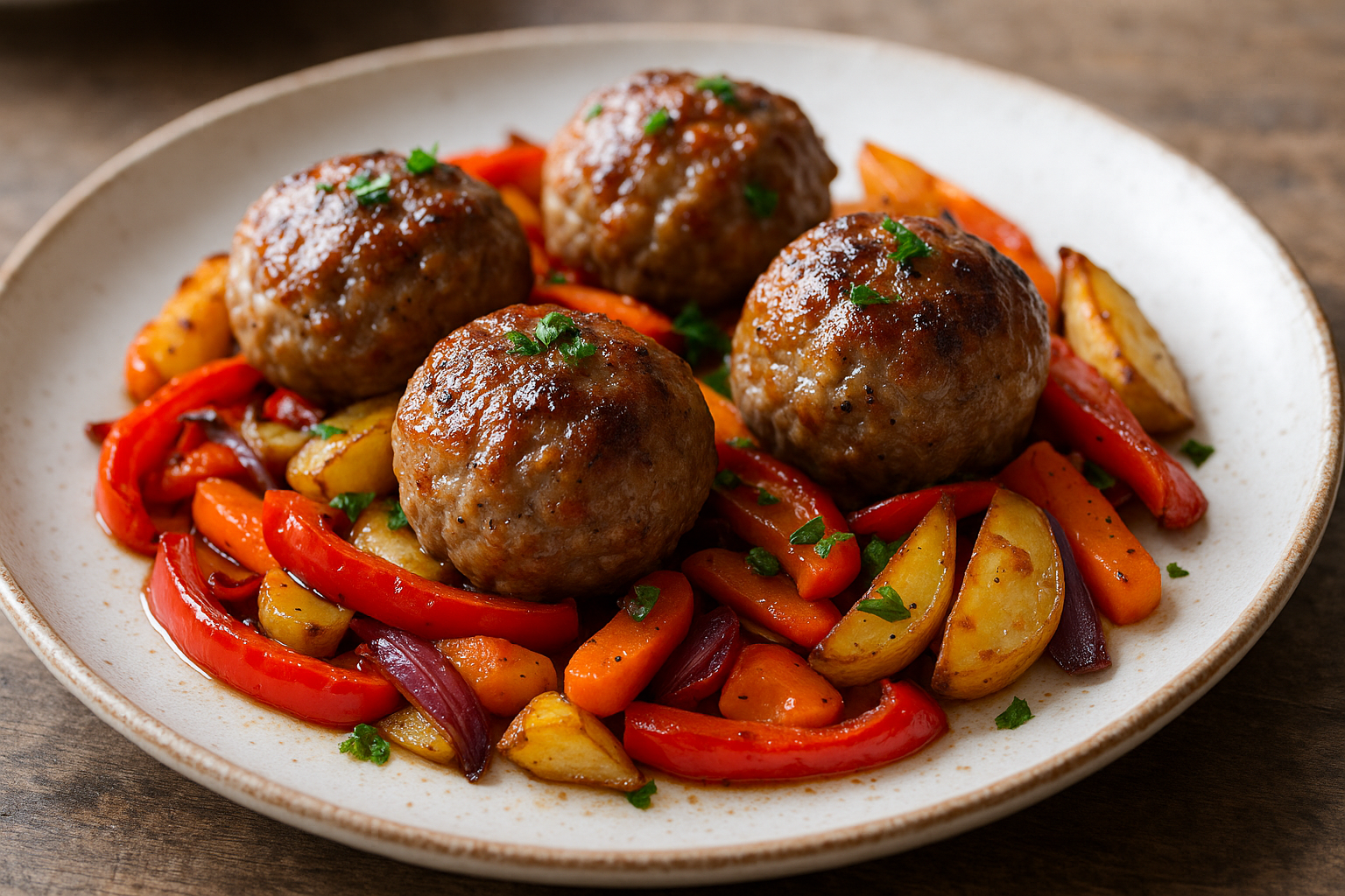 Boulettes de viande sur lit de légumes rôtis au four