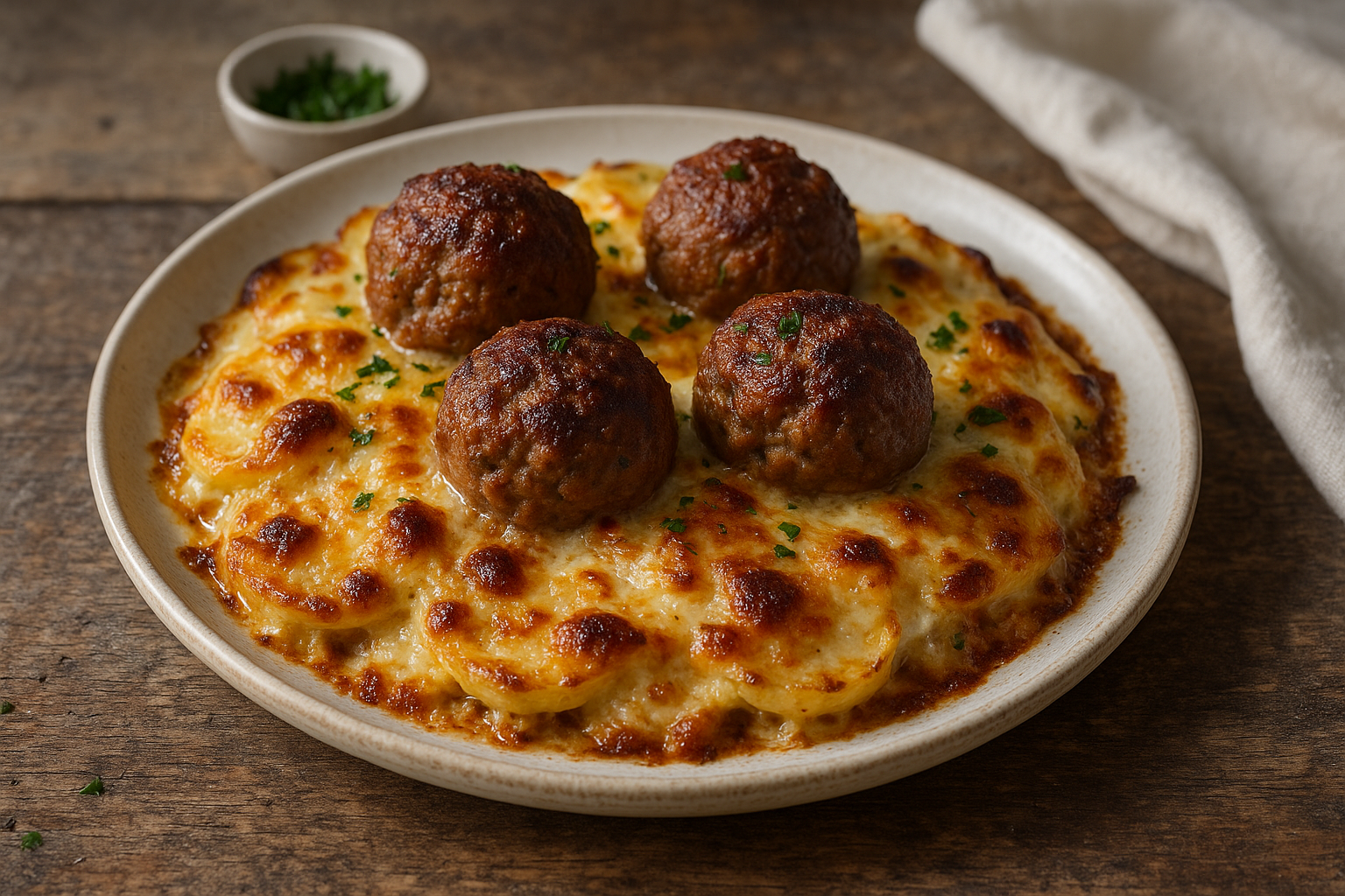 Gratin de pommes de terre et boulettes de viande
