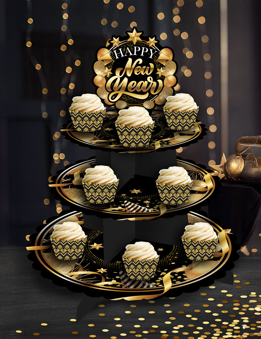 Présentoir gâteaux à étages Happy new year noir et or 40 x 30 cm