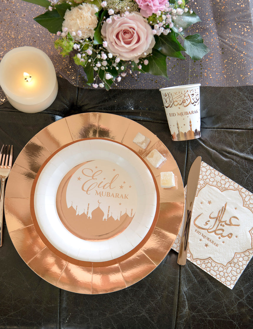 10 assiettes en carton Eid Mubarak rose gold 23 cm motif palais