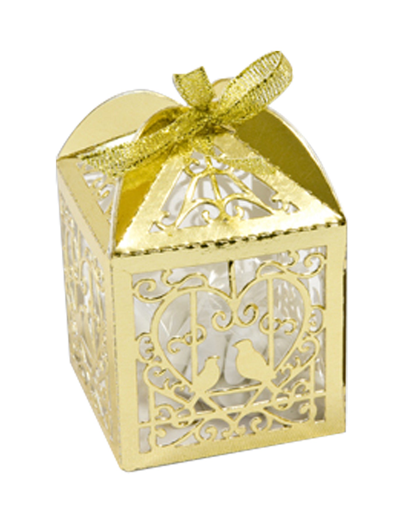10 boîtes en carton coeur et colombes doré métallisé 5 x 7,5 cm pour dragées