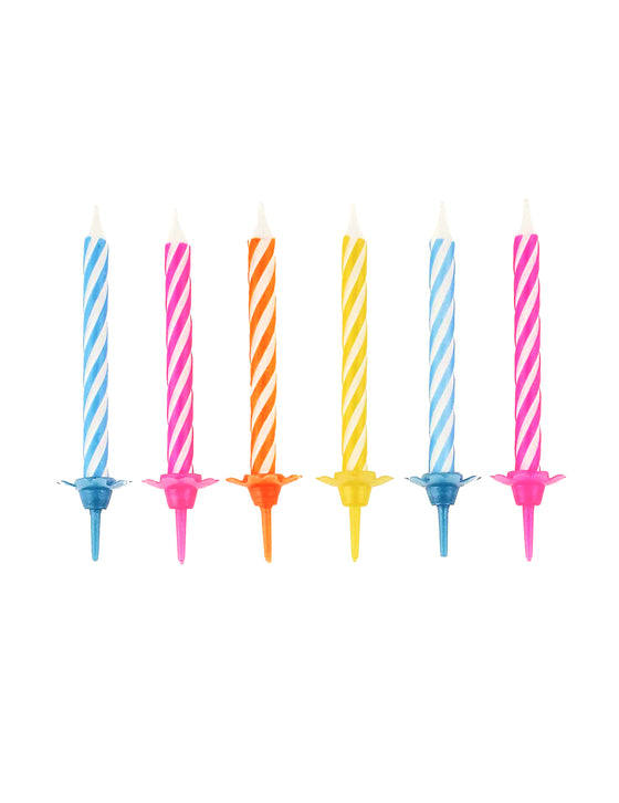 10 bougies anniversaire colorées avec bobèches 6 cm et supports