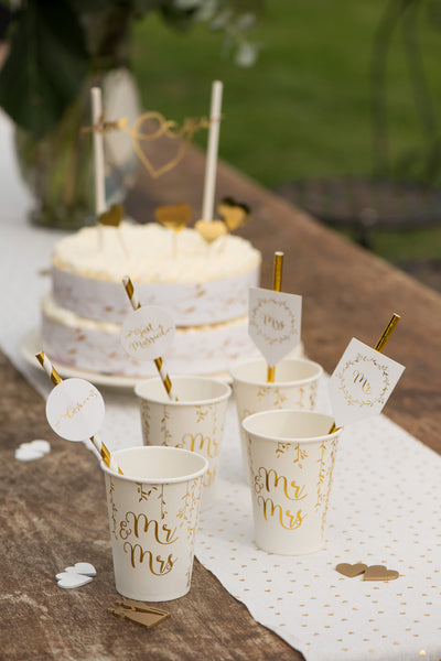 10 gobelets en carton Just Married métallisés blancs et dorés