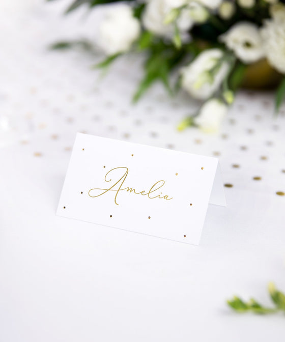 10 marque-places en carton blanc à pois dorés pour décoration de table