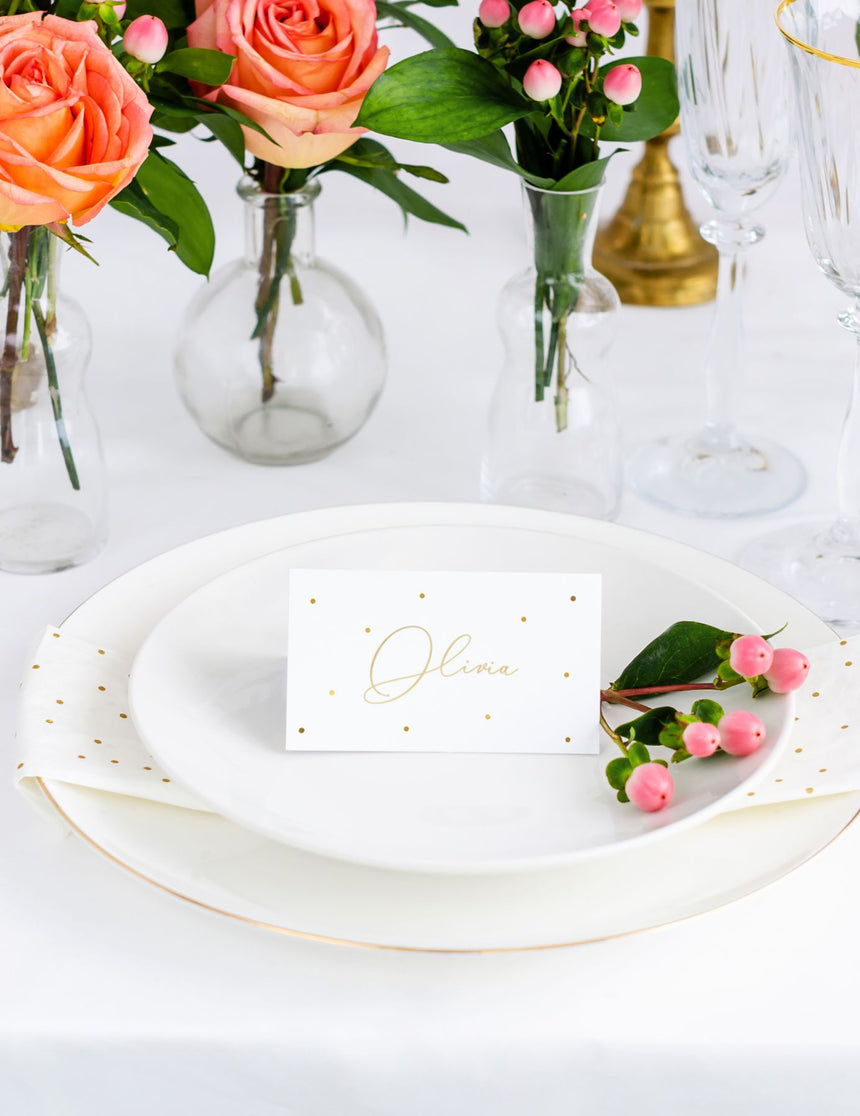 10 marque-places en carton blanc à pois dorés pour décoration de table