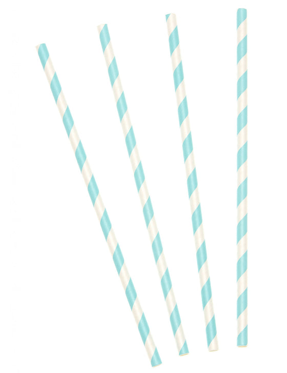 10 Pailles en carton rayées bleu pastel 19,5 cm
