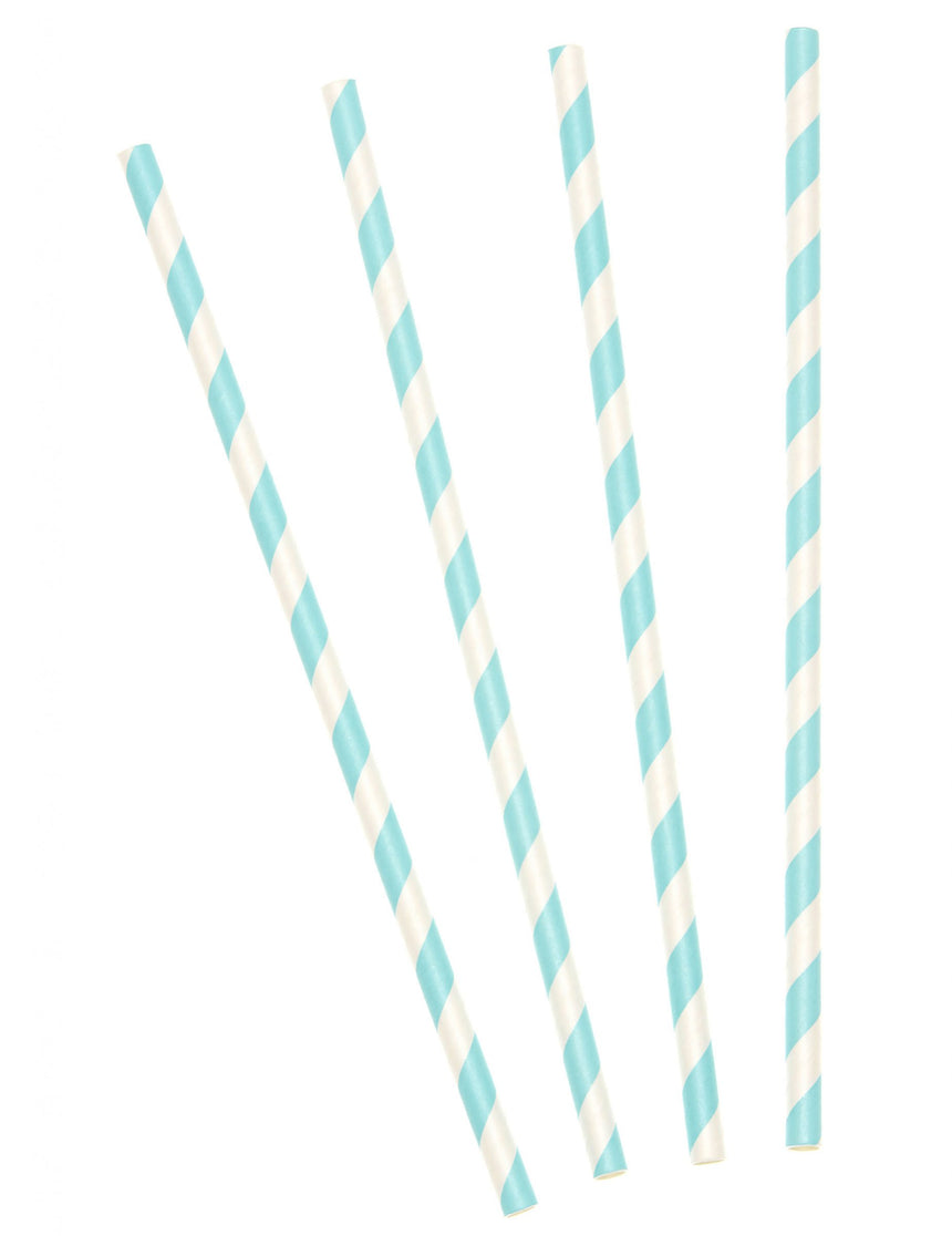 10 Pailles en carton rayées bleu pastel 19,5 cm