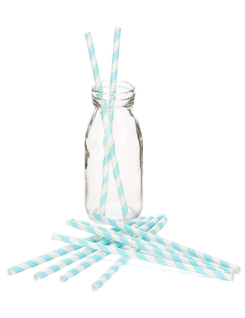 10 Pailles en carton rayées bleu pastel 19,5 cm