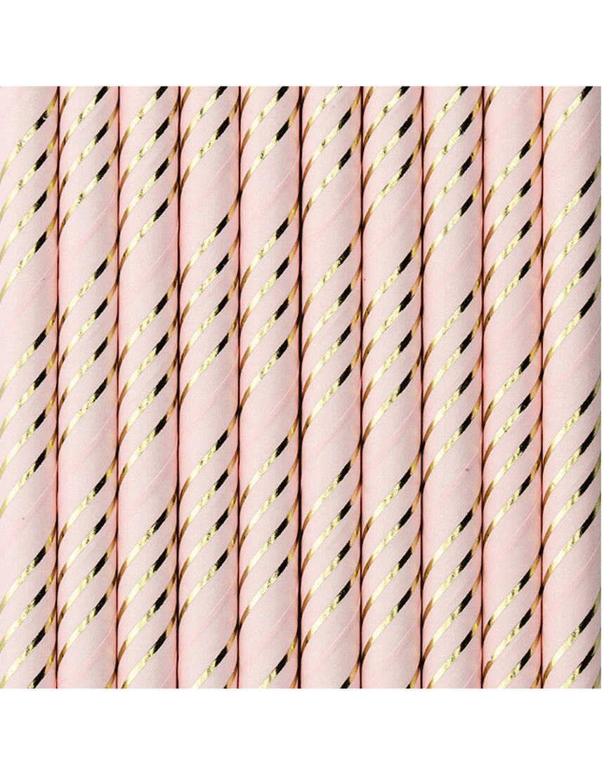 10 Pailles en carton roses rayées doré métallisé 19,5 cm